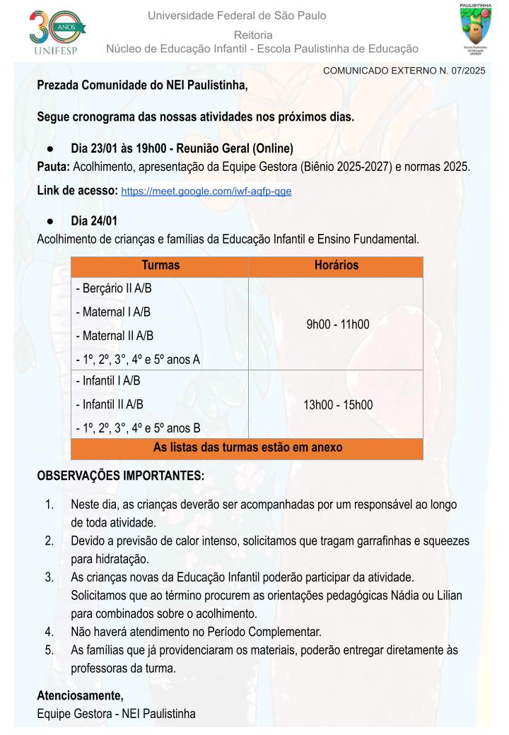 Comunicado Externo N 07 2025 Cronograma do incio do ano letivopptx