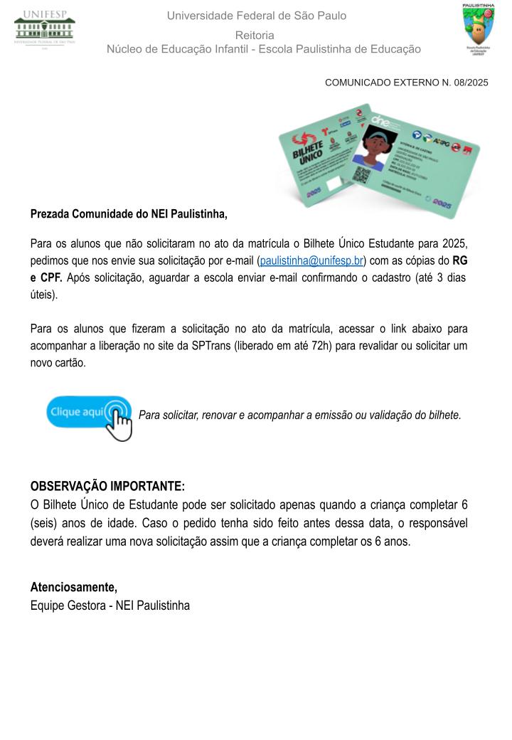 Comunicado Externo N 08 2025 Solicitao ou revalidao do Bilhete nico SPTranspptx