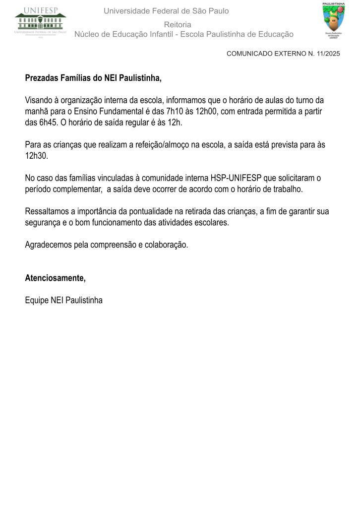 Comunicado Externo N 11 2025 Horrio de Funcionamento Escolar Perodo da manh do Ensino Fundamentalpptx