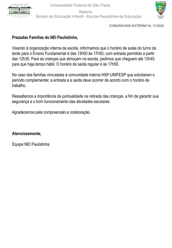 Comunicado Externo N 11 2025 Horrio de Funcionamento Escolar Perodo da tarde do Ensino Fundamentalpptx