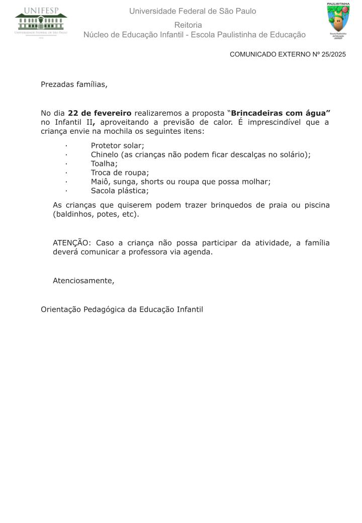 Comunicado Externo N 25 2025 Brincadeiras com gua Infantil IIpptx