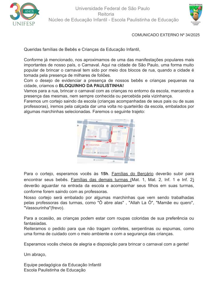 Comunicado Externo N 34 2025 Horrio do Bloquinho de Carnavalpptx