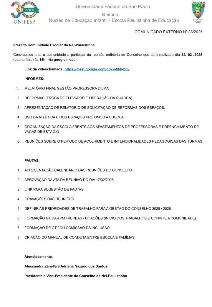 Comunicado Externo N 38 2025 Convite Conselho de Escolapptx