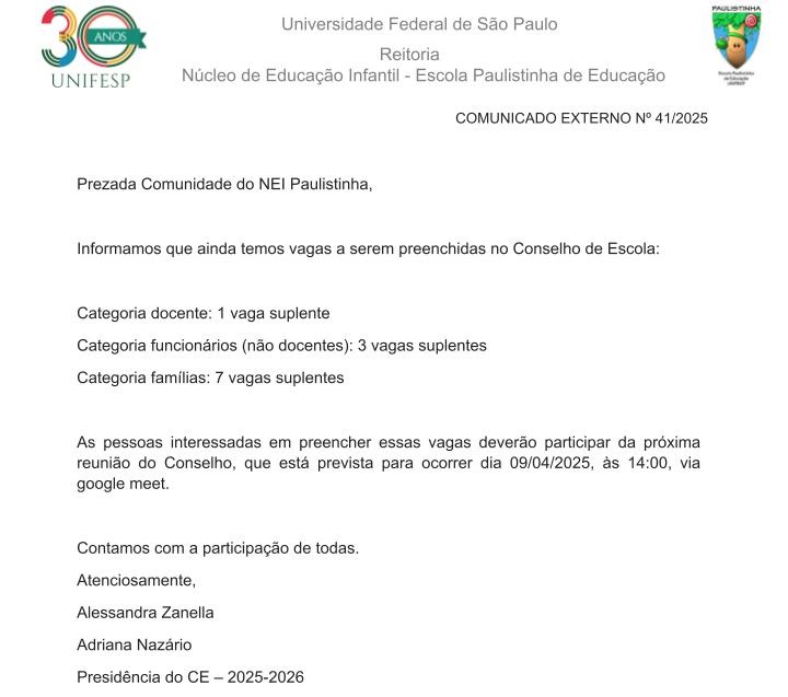 Comunicado Externo N 41 2025 Vagas de Suplentes no Conselho de Escolapptx