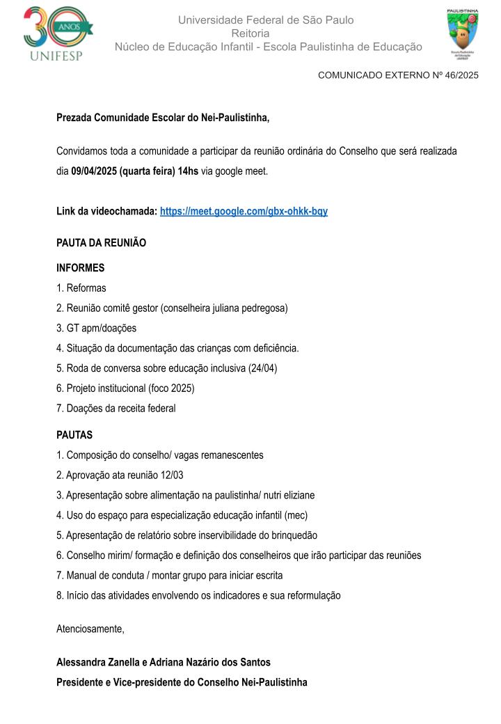 Comunicado Externo N 46 2025 Convite Conselho Escola 09 04pptx