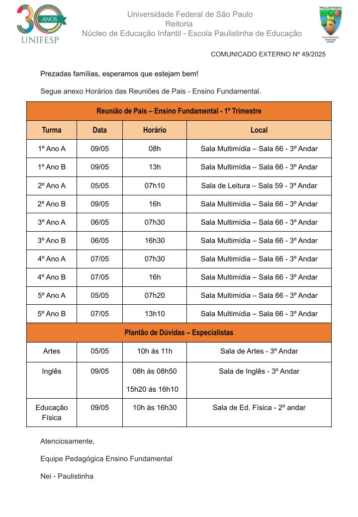 Comunicado Externo N 49 2025 Reunio de Pais Ensino Fundamentalpptx