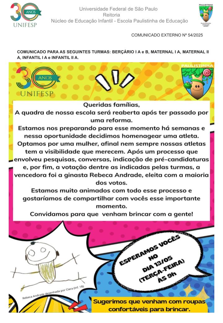 Comunicado Externo N 54 2025 Atividades Reabertura da Quadra Infantil Turmas Apptx