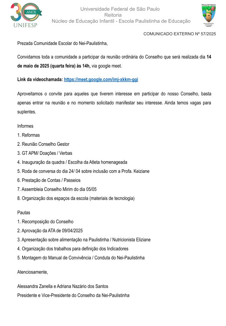Comunicado Externo N 57 2025 Convite Conselho Escola 14 05pptx