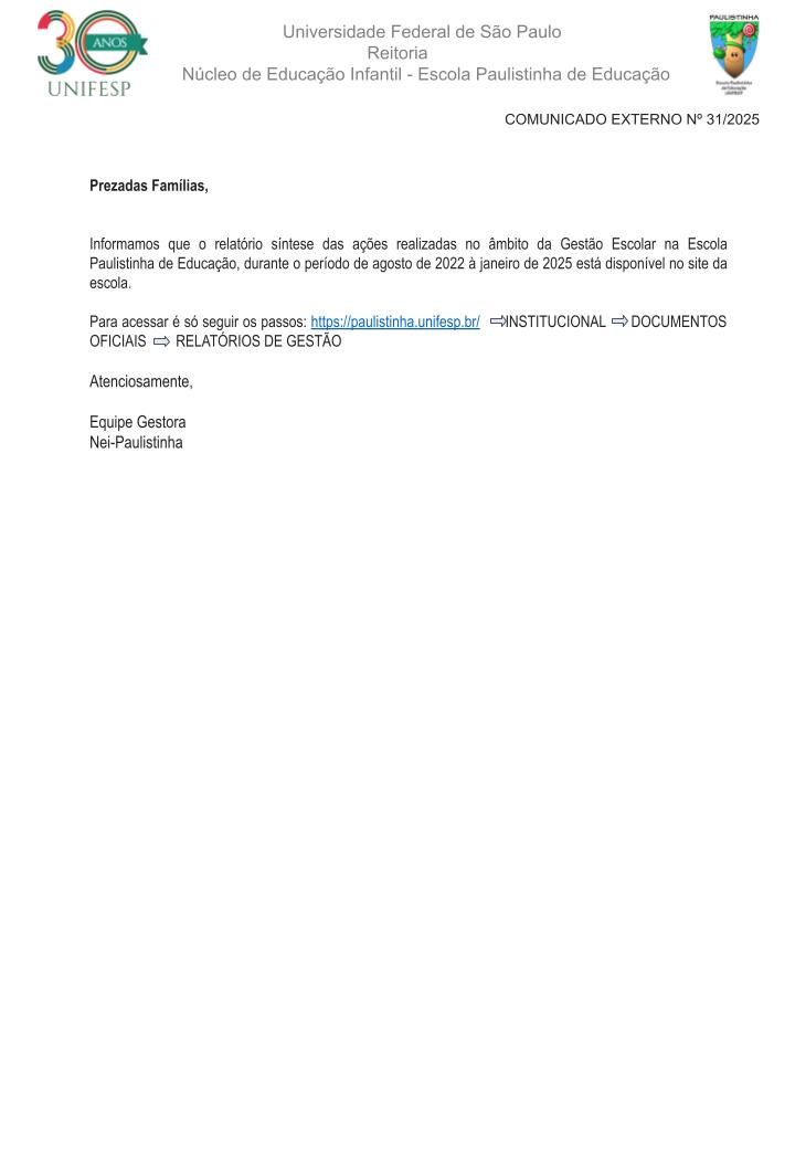 SITE Comunicado Externo N 31 2025 Relatrio Gesto Escolar ago 2022 jan2025pptx